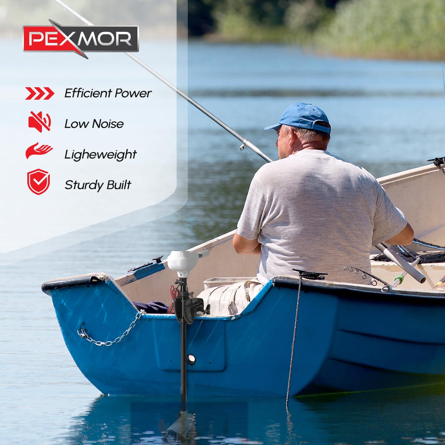 PEXMOR 8 Speed 55LB Electric Trolling Motor, Electric Outboard Boat Motor w/Adjustable Handle & LED Indicator, Transom Mounted for Saltwater, Kayak, Fishing Boat (Off-White, 55LBS)
