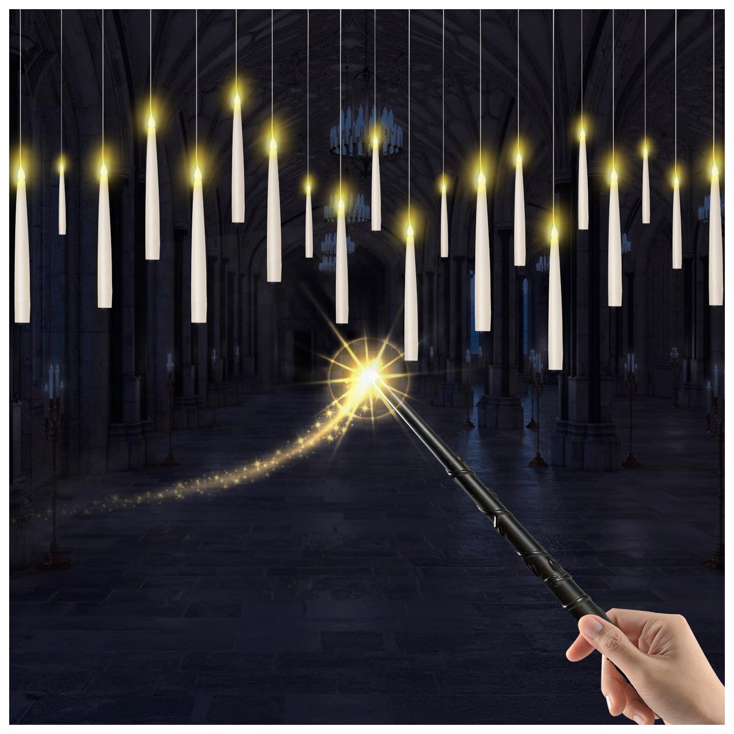 Prerish 20PCS Floating Candles with Wand, Flickering Warm Light Taper LED Flameless Candles with Wand Remote, Magic Hanging Candles, Halloween Decorations for Home Indoor Party