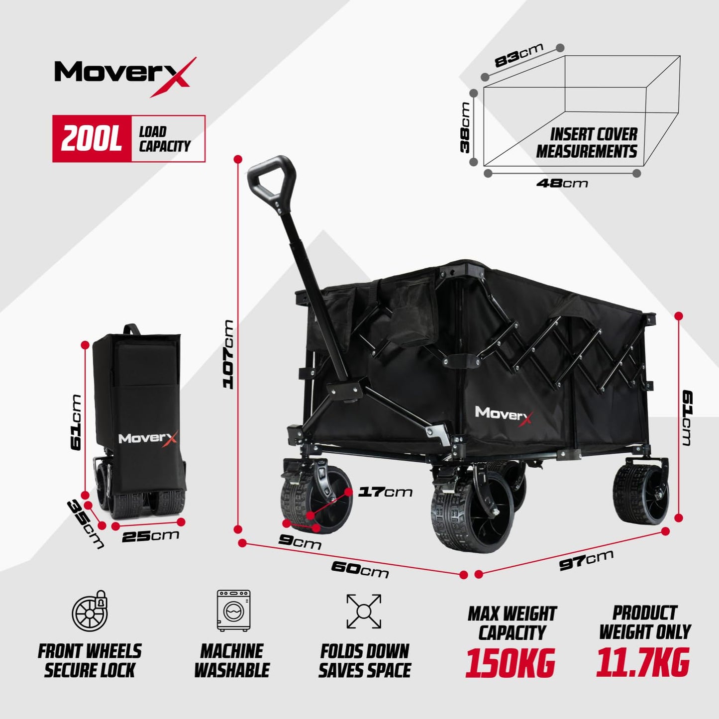 MoverX 200L Festival Trolley on Wheels, Folding Wagon, Portable Camping Cart, Collapsible Foldable Trolly for Beach Outdoor Garden Picnic Shopping Fishing, Wide Wheels, Adjustable Handle, Black