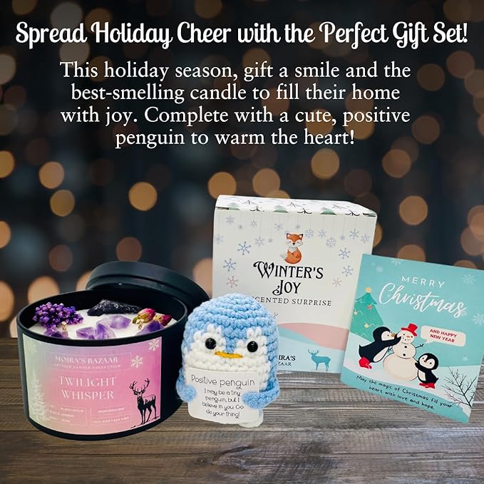 Moira's Bazaar Winter's Joy Gift Set – 16 Oz 50 Hr Scented Candle with Crystals & a Crochet Positive Penguin | Christmas, Holiday, or Motivational Gift, Artisanal Luxury Fragrances (Botanical Bliss)