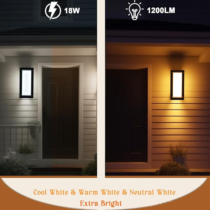Outdoor Wall Sconce Lights, Square LED Porch Lights Outdoor 18W 3000K 4000K 5000K 3 Color Changeable,Exterior Outside Wall Lights for House Doorway,Carriage