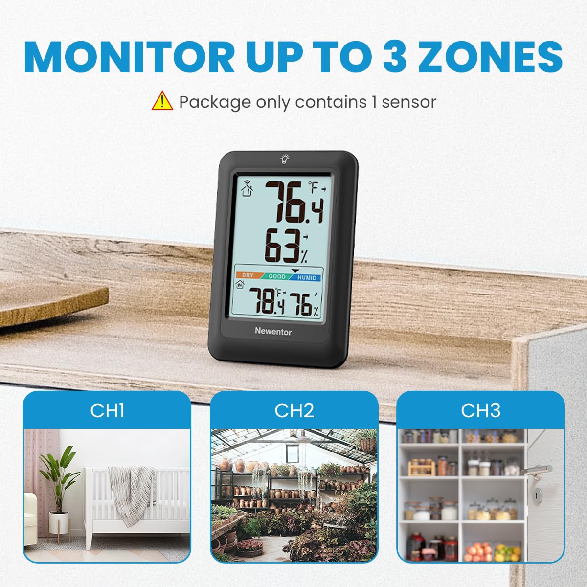 Newentor Indoor Outdoor Thermometer Wireless, Weather Stations Wireless Indoor Outdoor, Outdoor Thermometers for Patio House, Black with 1 Sensor