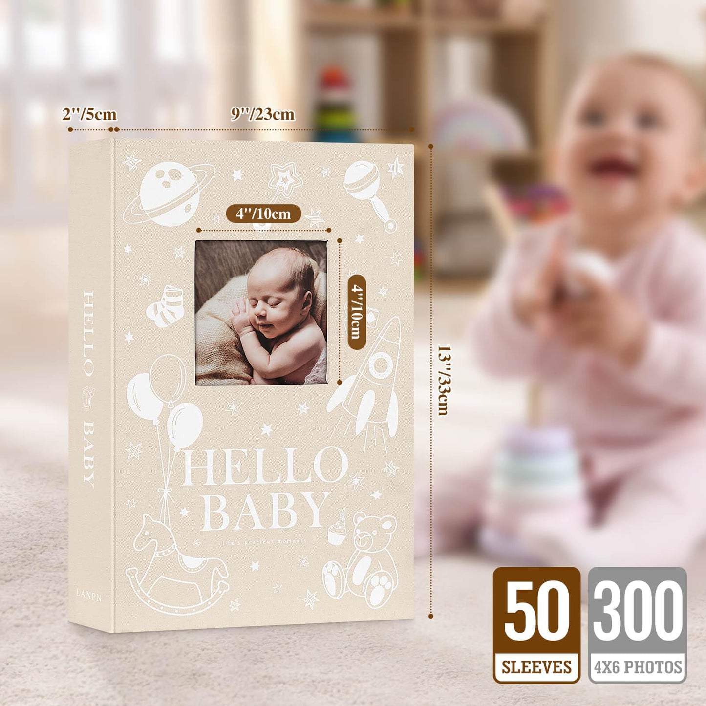 Lanpn Baby Photo Album 6x4 300 Pockets, Linen Newborn Bebe Ultrasound Photo Album with Memo Writing Area, Cover Photo Book Picture Album for kids, Baby Boy Memory Book Keepsake Gift Baby Shower Beige