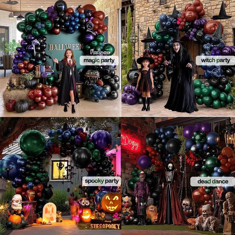 Halloween Balloon Arch Double Stuffed, Dark Green Navy Blue Burgundy Purple Black Balloon Garland Kit for Birthday Witch Gothic Spooky Magic School Party Decoration