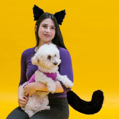 Faux Fur Cat Ears Hair Clip Furry Wolf Fox Long Tail Costume Halloween Party Neck Chocker Cosplay Set (Black)