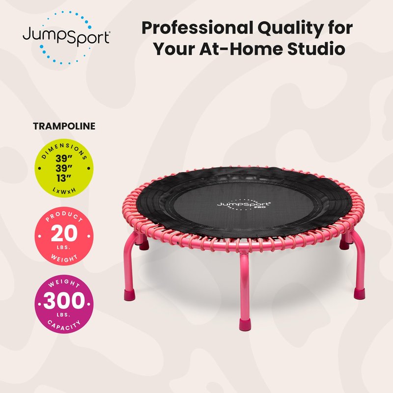 JumpSport 350 PRO Fitness Trampoline, Cardio Workout, No-Tip Arched Legs Home Gym Equipment with Adjustable Bungees & 60 Day Trial Video, 39", Pink