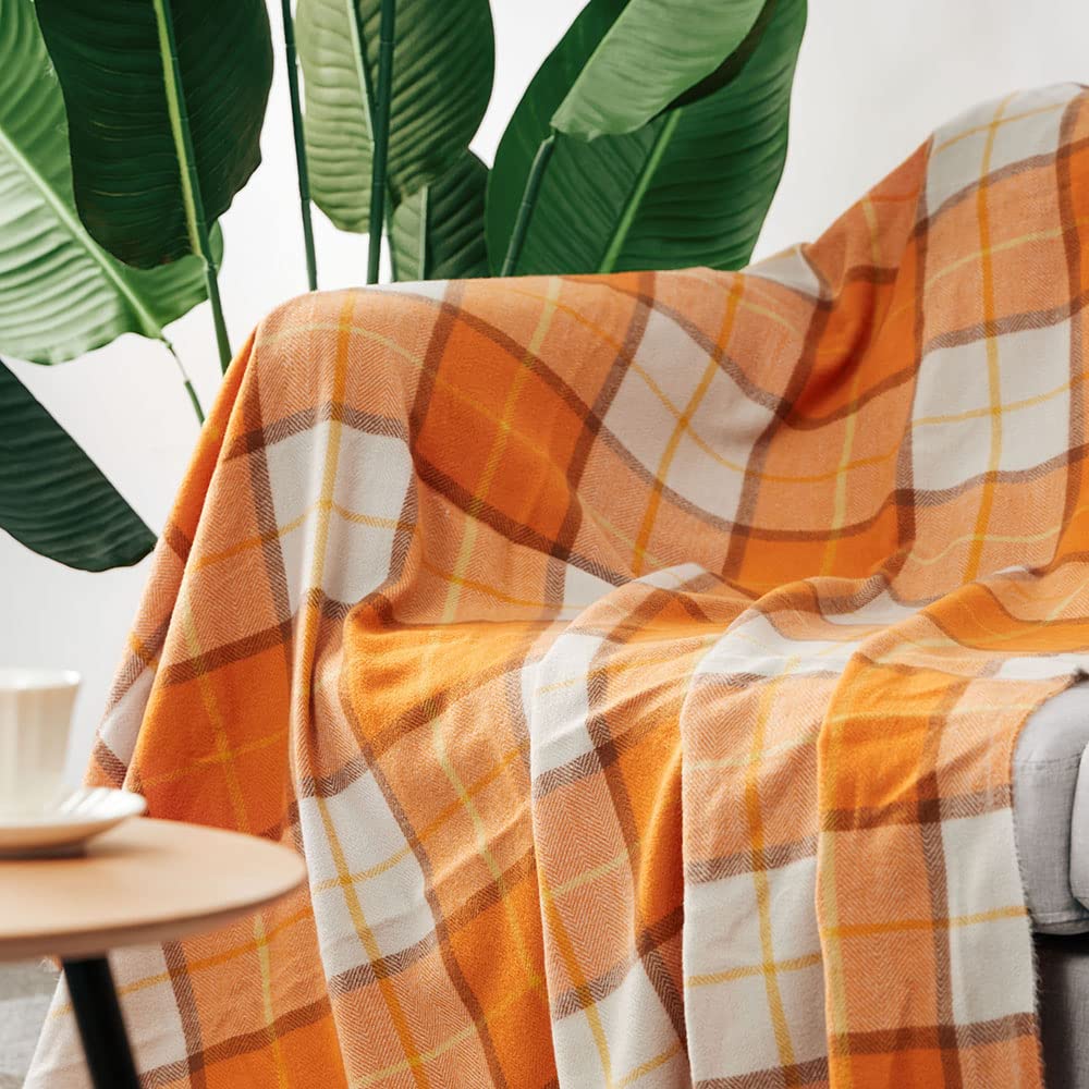 LALIFIT Decorative Faux Cashmere Throw Blankets Soft Fluffy Classic Orange Plaid Fringe Throw Blanket with Tassels Cozy Lightweight for Home Couch Sofa Farmhouse Halloween Decor 50" x 60" (Pumpkin)