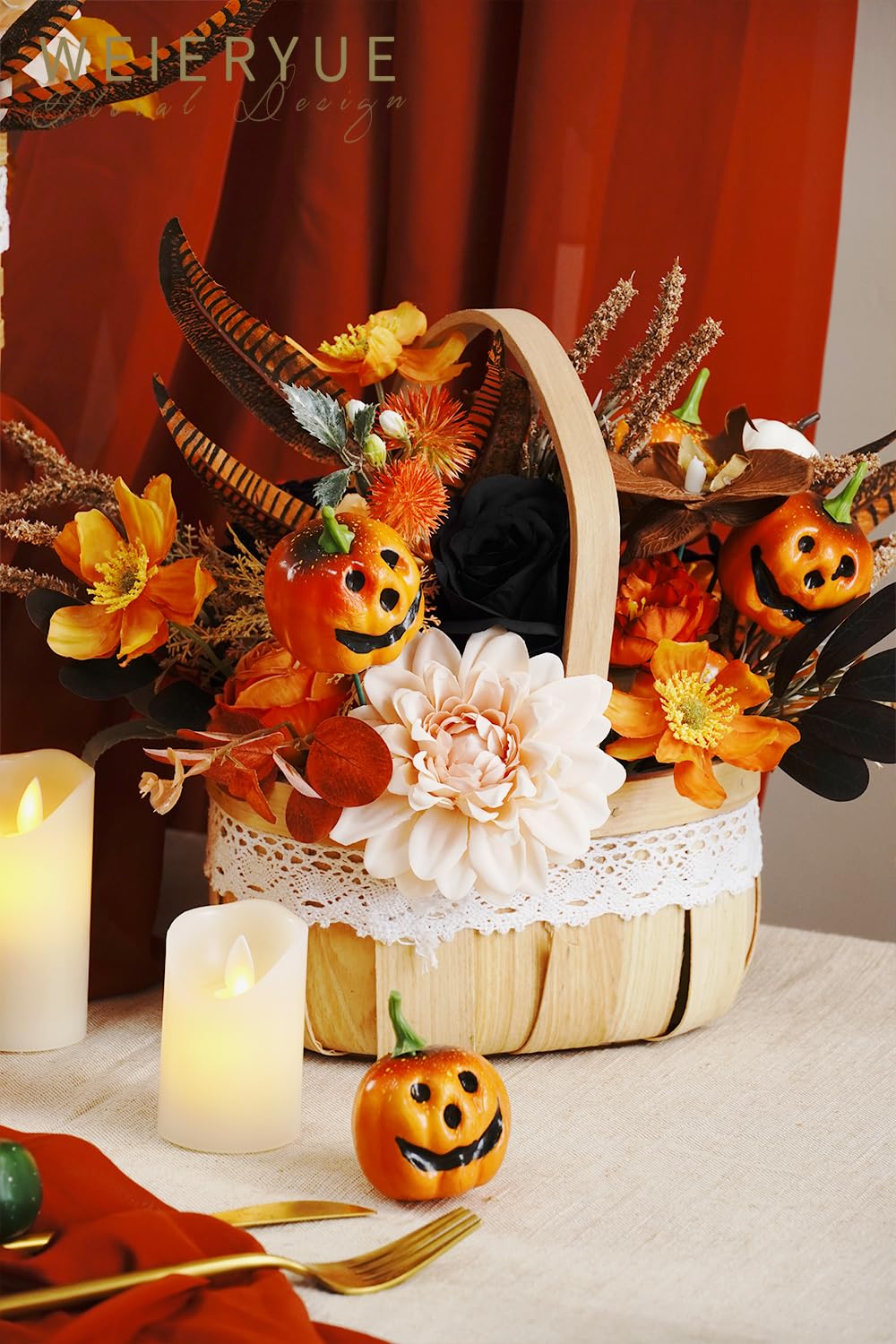 WEIERYUE Halloween Decor Artificial Flowers Black Roses with Pumpkins, Box Set Fake Flowers for, Indoor and Outdoor Front Party Party Decorations (Halloween Pumpkins are Orange and Black)