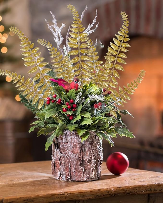 DILATATA 6Pcs Christmas Glitter Leaves Boston Fern Leaves 25" Artificial Gold Fern Leaf Picks Sprays Giltter Stems for Christmas Tree DIY Xmas Wreath Garland Home Decor - Gold