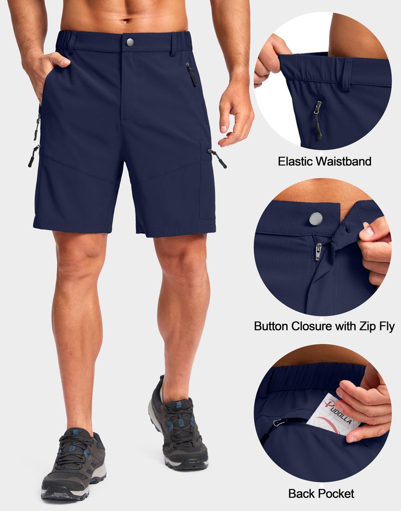 Pudolla Men's Hiking Cargo Shorts Lightweight 7" Travel Casual Shorts for Men Golf Work Outdoor with 5 Zipper Pockets(Navy X-Large)