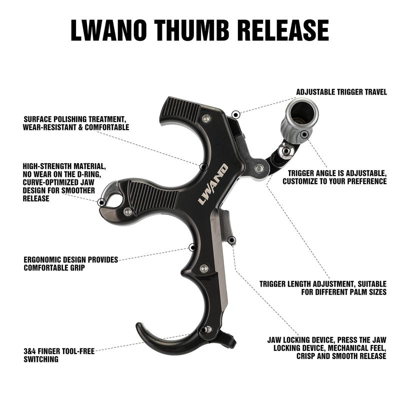 LWANO Thumb Bow Release - 3&4 Finger Adjustable Archery Compound Bow Release Aid, with Trigger Travel and Pressure Adjustable (Black)