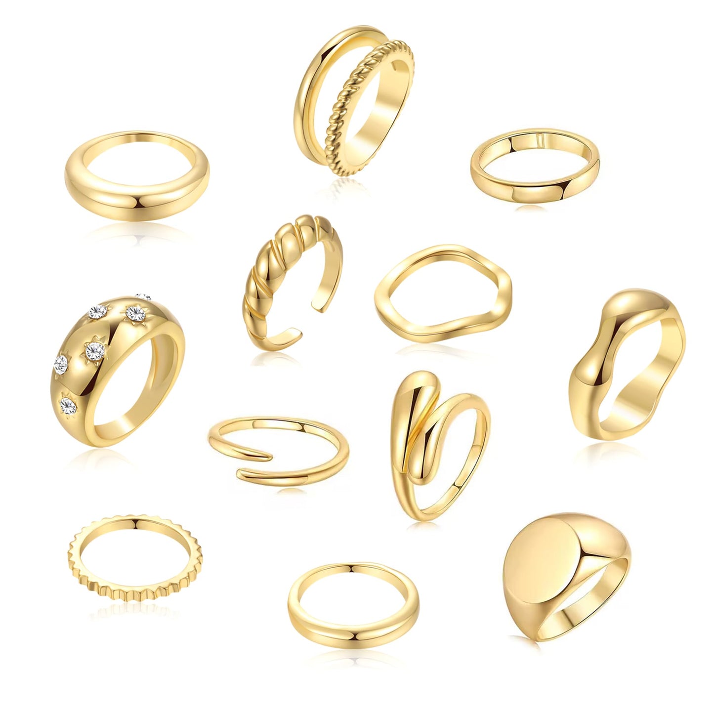 FAXHION 12PCS Gold Stackable Rings Set for Women, 18K Gold Plated Open Stacking Knuckle Ring, Adjustable Chunky Signet Band Statement Ring for Gift