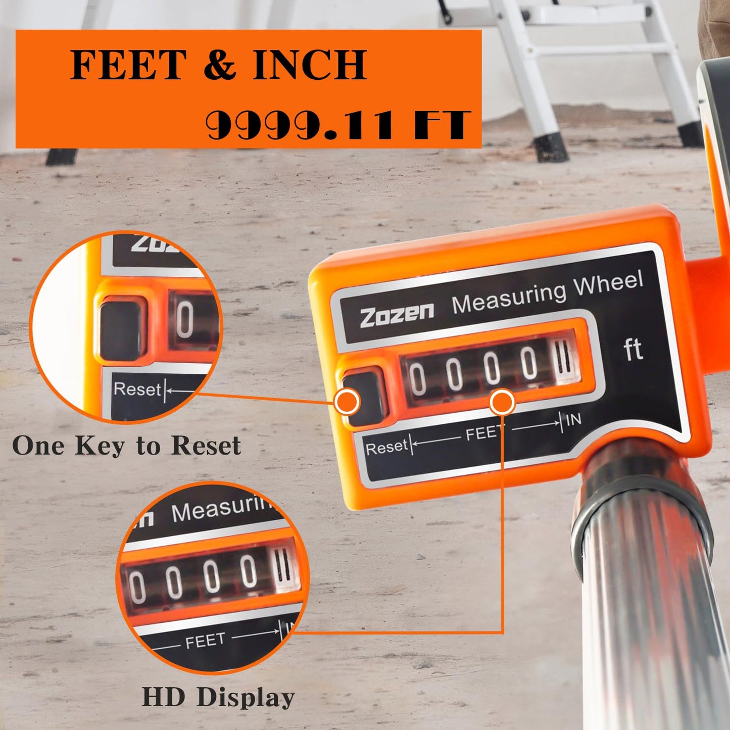 Zozen Measuring Wheel, Scalable to Length 40in, 4-inch Measure Wheel, Distance Measuring in Feet and Inches, One Key to Reset, Rolling Up To 10,000Ft, Includes Tape Measure.