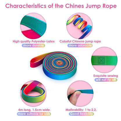 Cikyner Chinese Jump Rope, 2 Pack 4m Long 1.5cm Wide Elastic Chinese Ropes with Instructions French Skipping Rainbow Band for Children Jumpsies Games Indoors and Outdoors, Ideal for Gifts for Kids