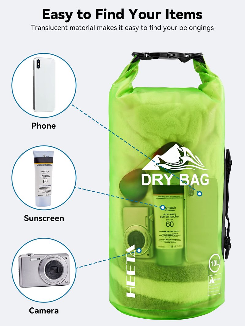 HEETA Dry Bag Waterproof for Women Men, Roll Top Lightweight Dry Storage Bag Backpack with Phone Case for Travel Swimming Boating Kayaking Paddle Board Camping Beach Accessories (Lemon Green, 10L)
