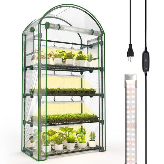 Bstrip Indoor Greenhouse with Grow Light, 4-Tier Mini Green House, 4Pcs Grow Lights for Indoor Plants with Timer, Zippered PVC Grow Tent with Airflow Windows, Indoor Greenhouse Cabinet 35x19.3x63in