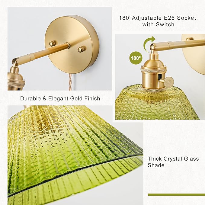 Plug in Wall Sconces Set of 2, Vintage Wall Sconce Light with Gradient Green Glass Lampshade, 180° Adjustable Wall Sconce with Switch and Plug in Wall lamp Cord, Gold Wall Light Wall Decor Set of 2