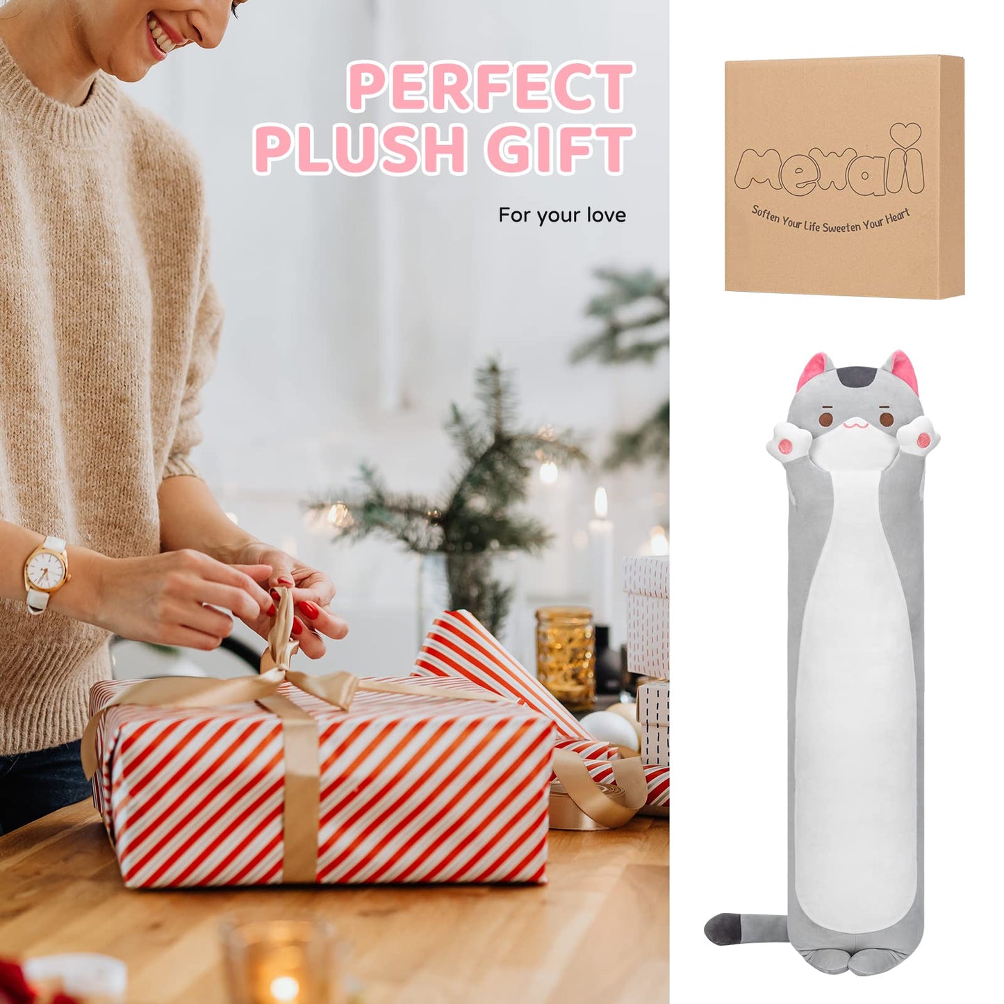 Mewaii 20in Long Cat Plush Pillows Stuffed Animals Squishy Pillows - Cute Plushie Kitten Sleeping Hugging Pillow Toys for Kids(Gray)