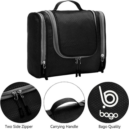 Bago Travel Hanging Toiletry Wash Bag - Large Waterproof Organizer for Women and Men - Cosmetic Essentials (Black)