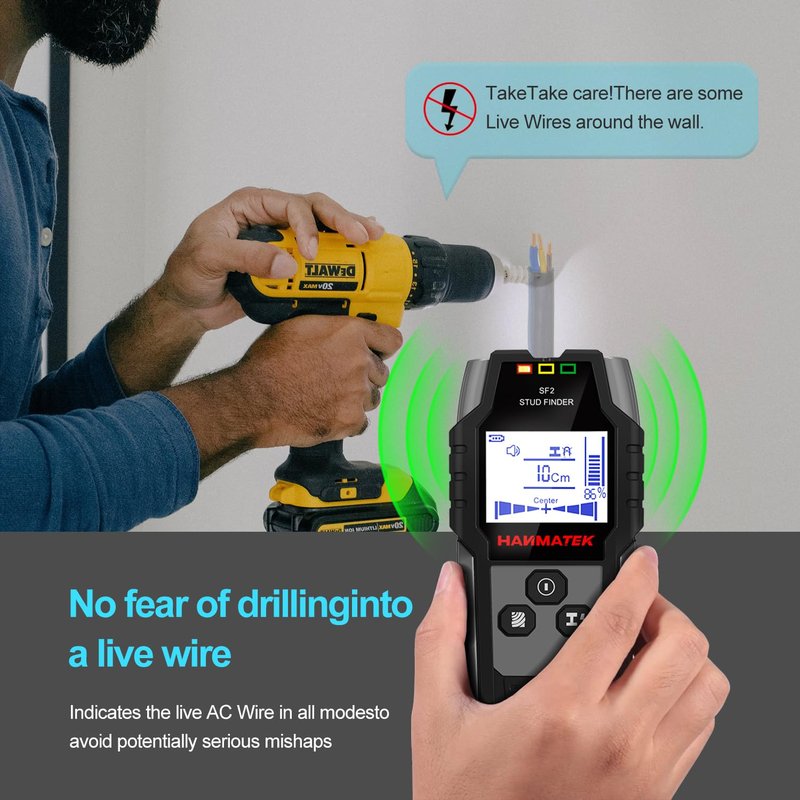 HANMATEK Stud Finder Wall Scanner - 5 in 1 Electronic Wall Wood Stud Finder,Audio Alarm and HD LCD Display with Updated Positioning Hole for Center and Edge of Wood AC Wire Metal Studs Joist Pipe