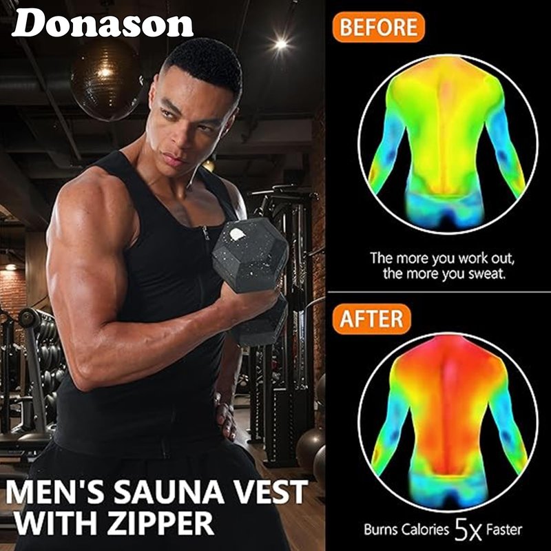 Donason Men's Sauna Vest Workout Sleeveless Shirt with Zipper Slimming Body Shaper Weight Loss Waist Trainer Sweat Enhancing Tank Top Compression Vest Shapewear for Fitness Gym Exercise Running