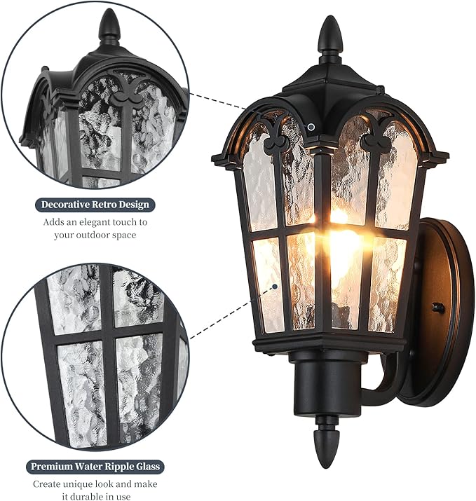 16” Large Size Outdoor Wall Light Fixtures Wall Mounted, Exterior Waterproof Porch Lights Lanterns, Outside Sconces with Water Ripple Glass for House Front Door Garage, Retro Vintage Style, 1 Pack