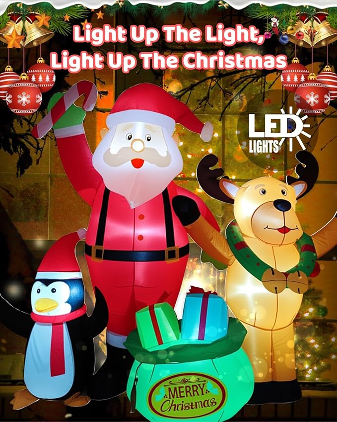 7FT Christmas Inflatables Outdoor Decorations, Blow Up Yard Decorations with Santa Claus Penguins Reindeer and Gift Bag Inflatable with LED Lights for Indoor Outdoor Yard Garden Decor
