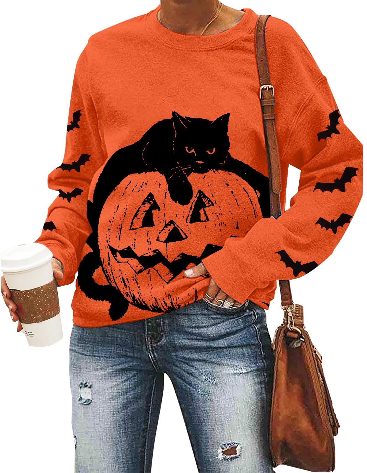 UNIQUEONE Black Cat on Pumpkin Sweatshirt Women Halloween Sweatshirts Pumpkin Face Tee Lightweight Pullover Tops