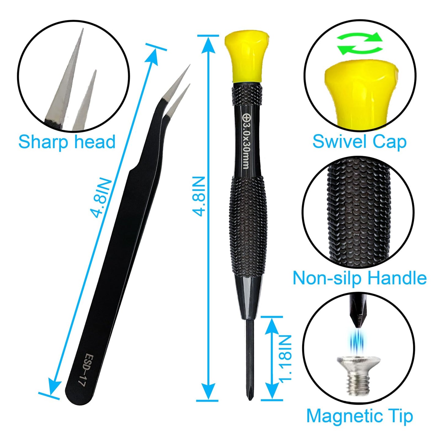 18PCS Mini Precision Screwdriver Set With Case, Lengnoyp Magnetic Small Flathead Phillips Pentalobe Torx Star Screwdriver Set Kit and Tweezers for Repairing Computer Eyeglass Phone Watch