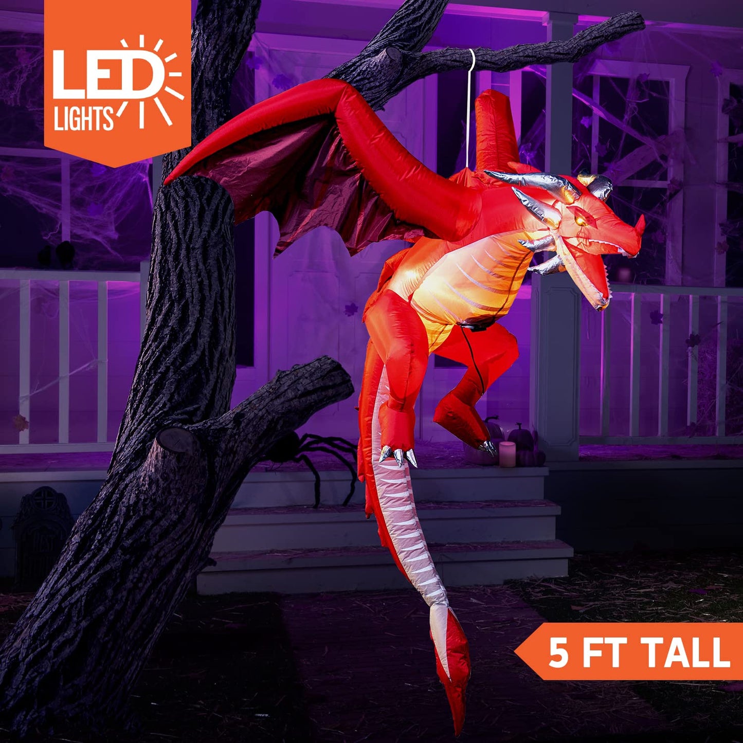 Joiedomi 5 FT Tall Halloween Inflatable Hanging Fire Dragon Decor with Build-in LEDs, Inflatable Blow Up Flying Dragon with Light for Halloween Party Indoor, Outdoor, Yard, Garden, Lawn Decorations