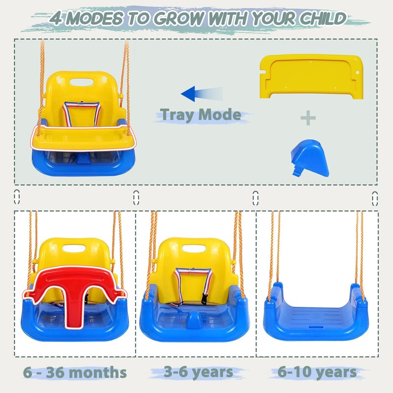 Upgraded Toddler Swing with Tray, Baby Swing Outdoor with Detachable Design, Safety Belt, Foldable Frame for Outdoor & Indoor Use