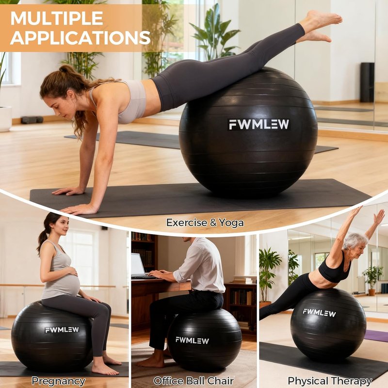 Extra Thick Yoga Ball - Anti-Burst Heavy Duty Stability Ball for Fitness, Core Workouts & Office Use | 5 Sizes Available