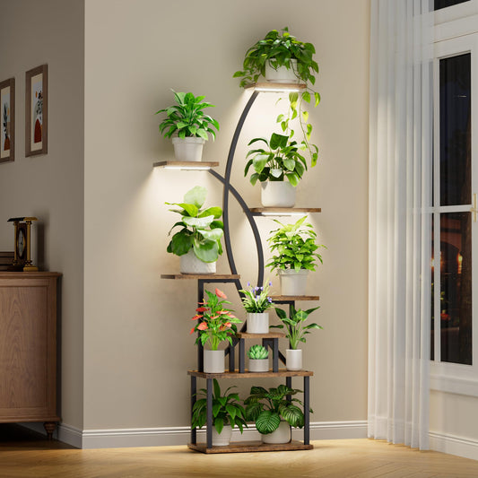 JUSTOGO Plant Stand Indoor with Grow Lights, 8 Tiered Tall Plant Shelf for Indoor Plants Multiple, 65" Large Corner Plant Stands, Metal Flower Holder Display Plant Rack for Living Room, Home, Patio