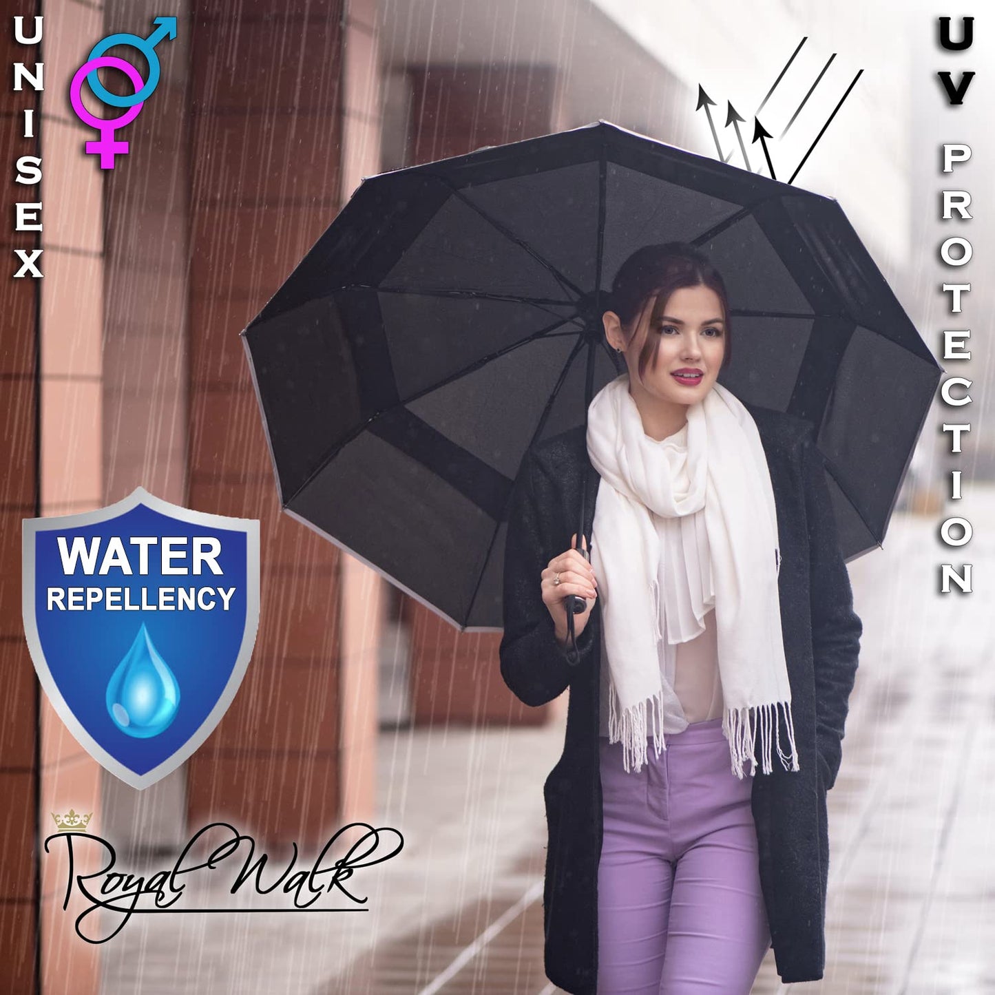 Royal Walk Windproof Folding Travel Umbrella Compact and Strong Luxurious Real Wood Handle Automatic Open Close Vented Double Canopy for Men and Women (Black)