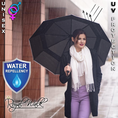 Royal Walk Windproof Folding Travel Umbrella Compact and Strong Luxurious Real Wood Handle Automatic Open Close Vented Double Canopy for Men and Women (Black)