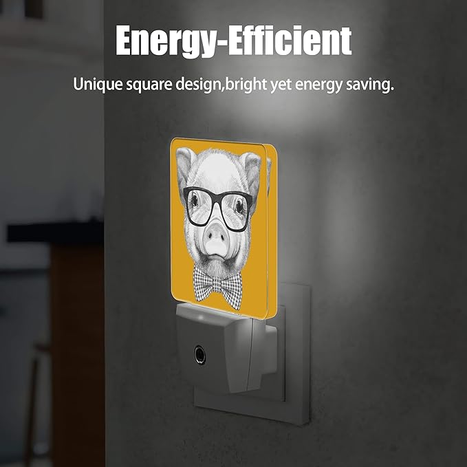 Pig with Glasses Night Light, Bow Tie Plug into Wall with Dusk to Dawn Light Sensors, Warm Nightlights for Bedroom, Bathroom, Hallway, Kitchen, Gifts Ideal for Boys Girls Women Men