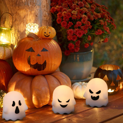 DRomance Halloween Ghost Lights Flameless Candles Battery Operated with Remote and Timer 6 Pack Spooky White LED Votive Candles Dimmable Light Halloween Indoor Decoration(2 x 2.4 Inches)