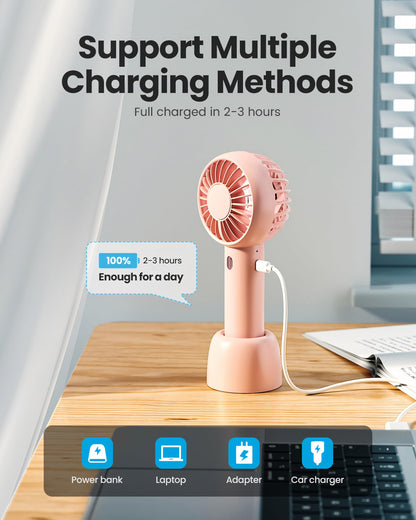 Gaiatop Mini Portable Fan, Small and Powerful, Cute Design 3 Speed Personal Handheld fan and Desktop with Base, Lightweight USB Rechargeable for Travel Lash Makeup Girl Women Summer Gift Pink