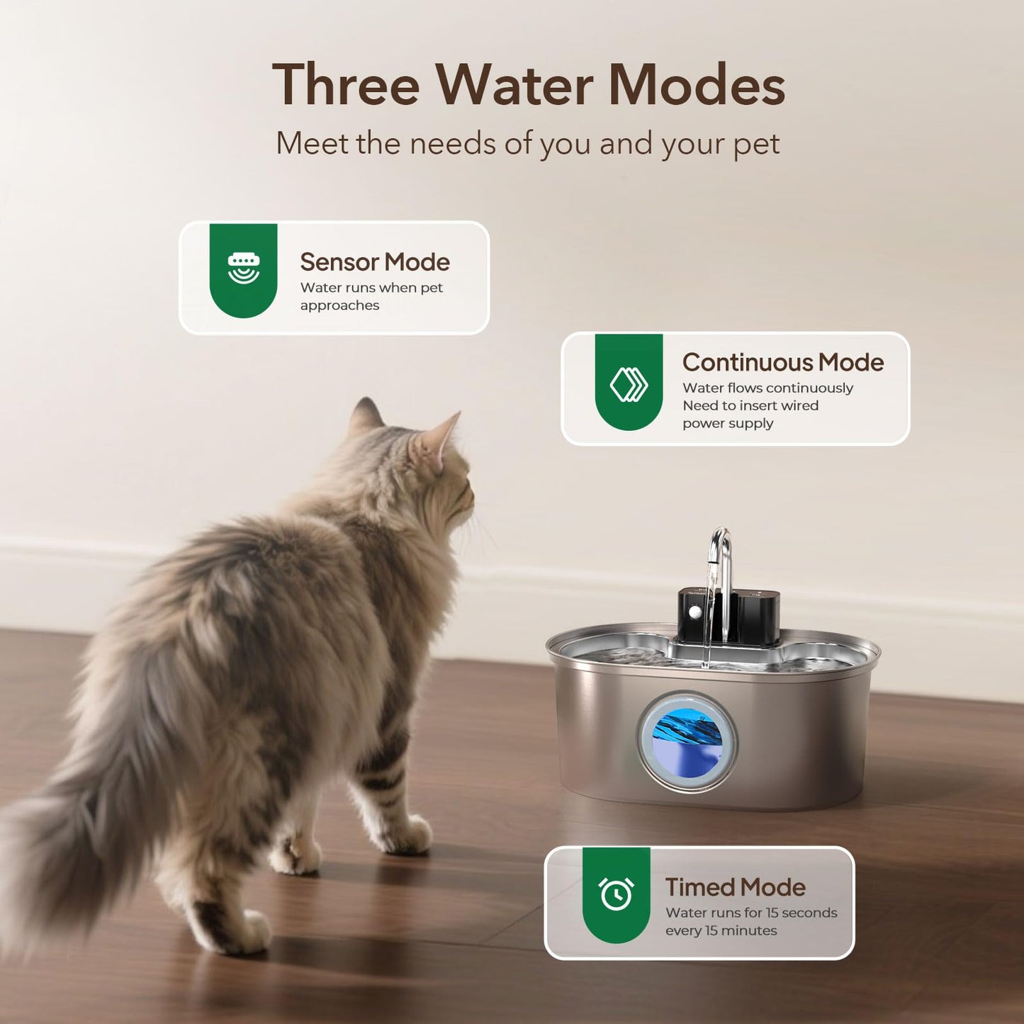 Cat Water Fountain Stainless Steel 108oz/3.2L:Battery Operated Wireless Cat Fountains for Drinking Indoor, Automatic Pet Water Dispenser with Ultra Quiet Pump,Multi-Filtration,Easy Clean BPA-Free