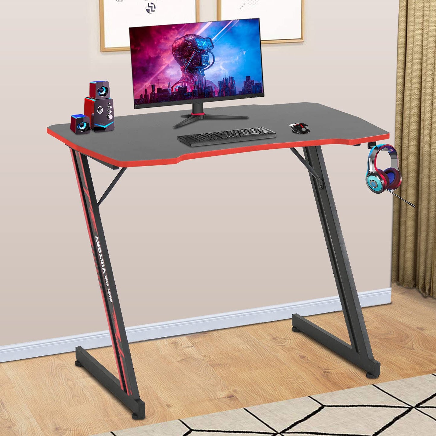 Gmaing Desk 35.4in PC Computer Desk Z Shaped Gaming Workstation Ergonomic Gaming Table with Headphone Hook for Home Office, Red