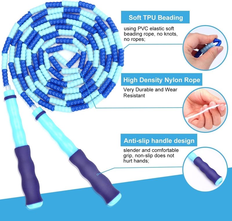 GRAWUN Jump Rope For Kids, 6Pcs Soft Beaded Jump Ropes, Adjustable Length Tangle-Free Segmented Soft Beaded Skipping Rope，for Women, Men and Kids Keeping Fit, Workout and Weight Loss