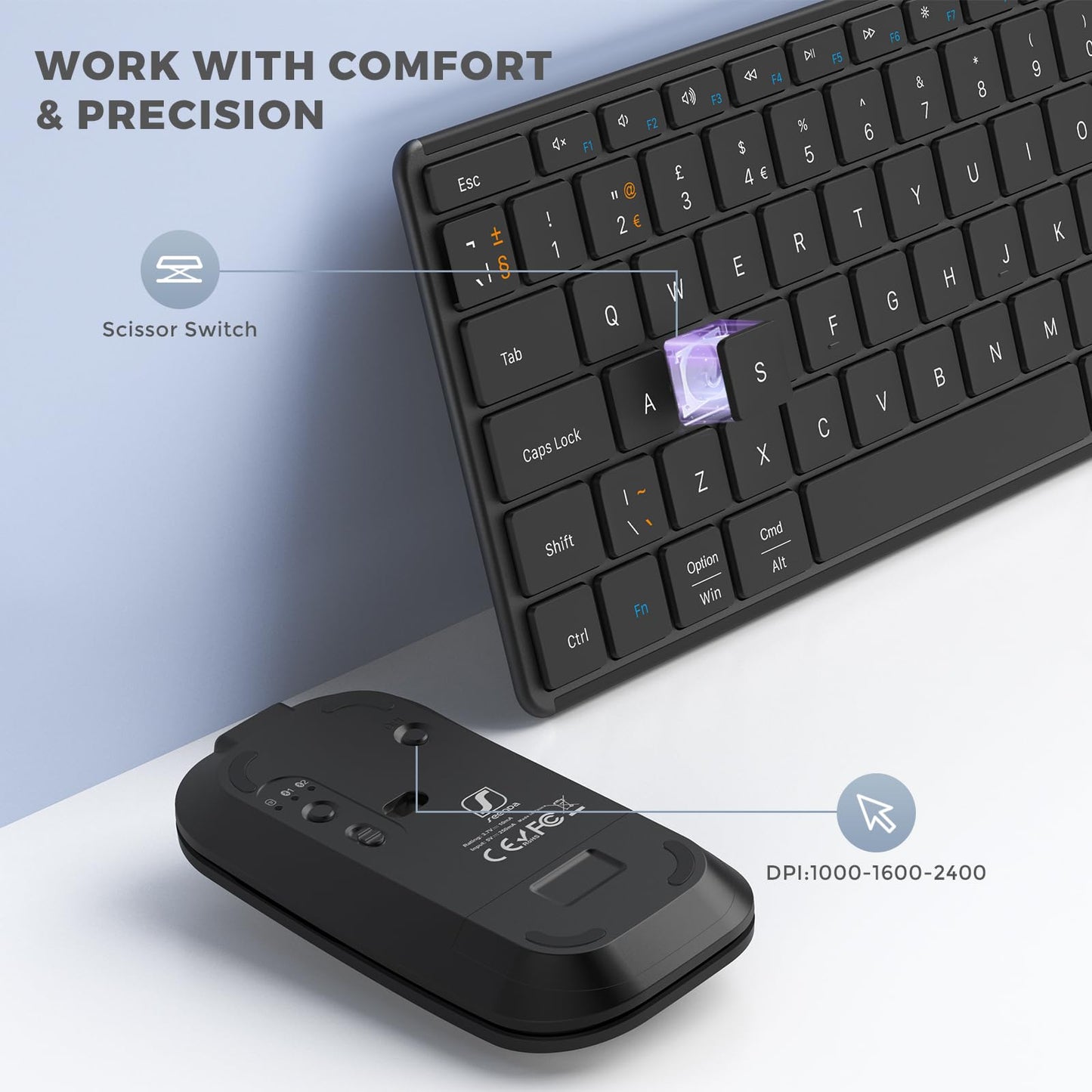 seenda SKM64-3 Wireless Bluetooth Keyboard Mouse, Multi - Device Ultra Slim Rechargeable Wireless Mouse and Keyboard Set for Windows, Mac OS, Laptop, iPad, Tablet, QWERTY UK Layout, Black