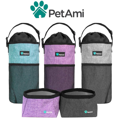 PetAmi Travel Dog Food Bag Pet Collapsible Dog Bowls Set, Dog Kibble Bag, Pet Food Water Bowls for Dogs Cats, Foldable Waterproof Dog Camping Bowls Cup Dish Accessories for Hiking, Heather Gray