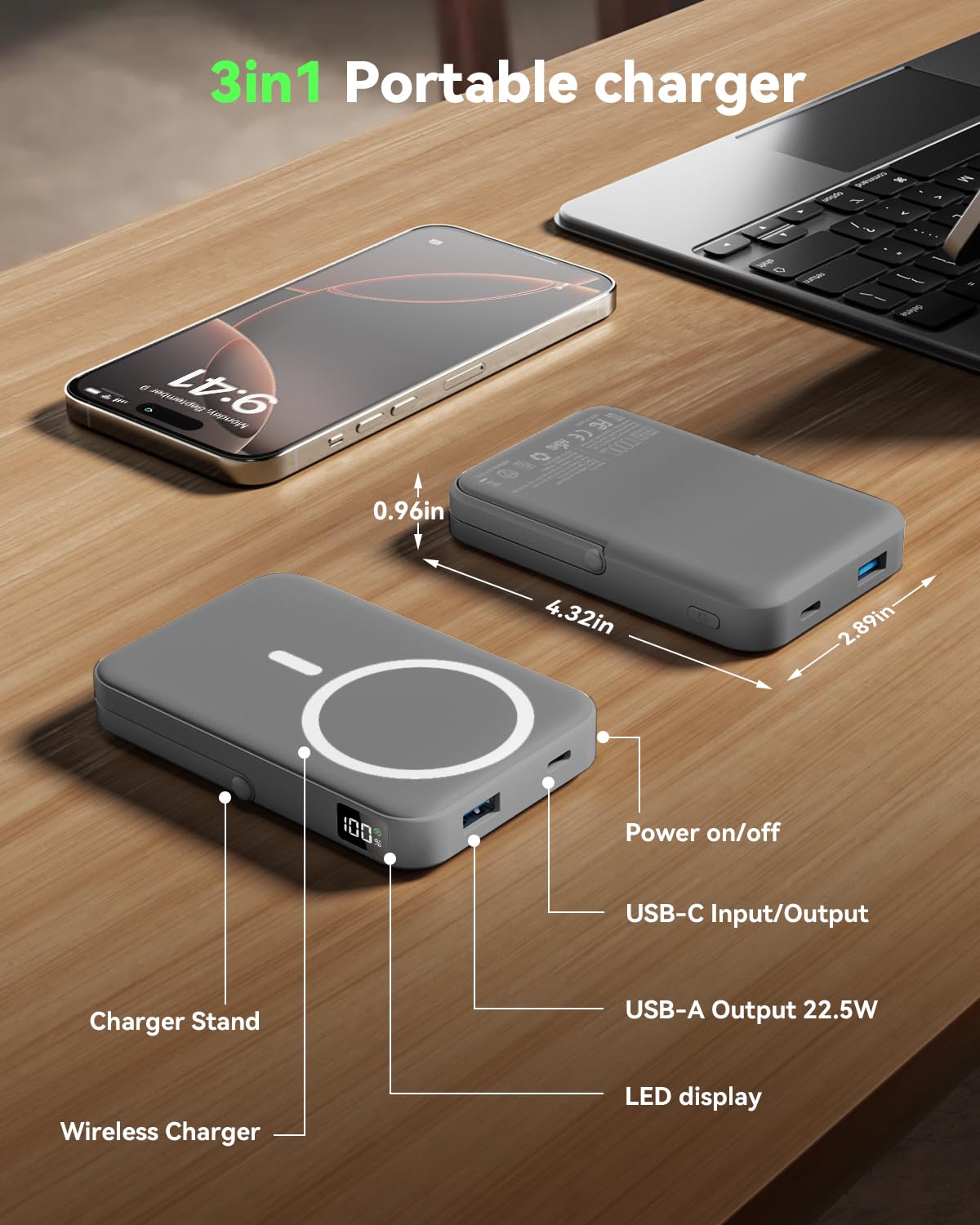 for Magsafe Battery Pack 10000mAh Power Bank with Foldable Stand Portable Charger,PD 22.5W Fast Charge,Travel Essential Wireless Charger for iPhone 17/16/15/14/13/12 Series–Black