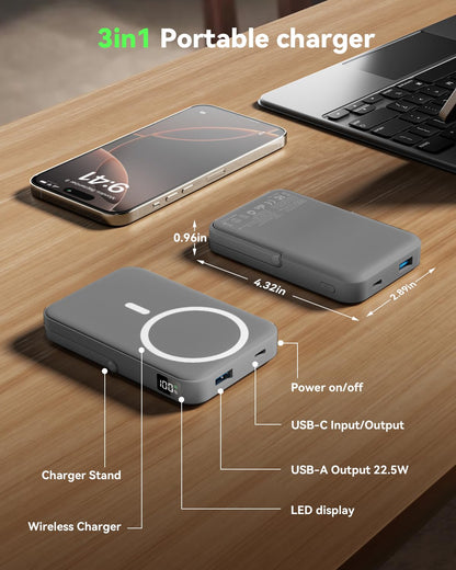for Magsafe Battery Pack 10000mAh Power Bank with Foldable Stand Portable Charger,PD 22.5W Fast Charge,Travel Essential Wireless Charger for iPhone 17/16/15/14/13/12 Series–Black