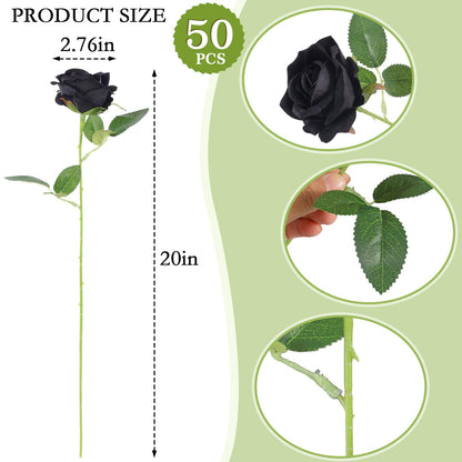 Hananona 50 Pcs Artificial Roses in Bulk, Fake Velvet Silk Roses Realistic Black Roses for Wedding Centerpieces Flower Arrangement Home Decor (50, Black)