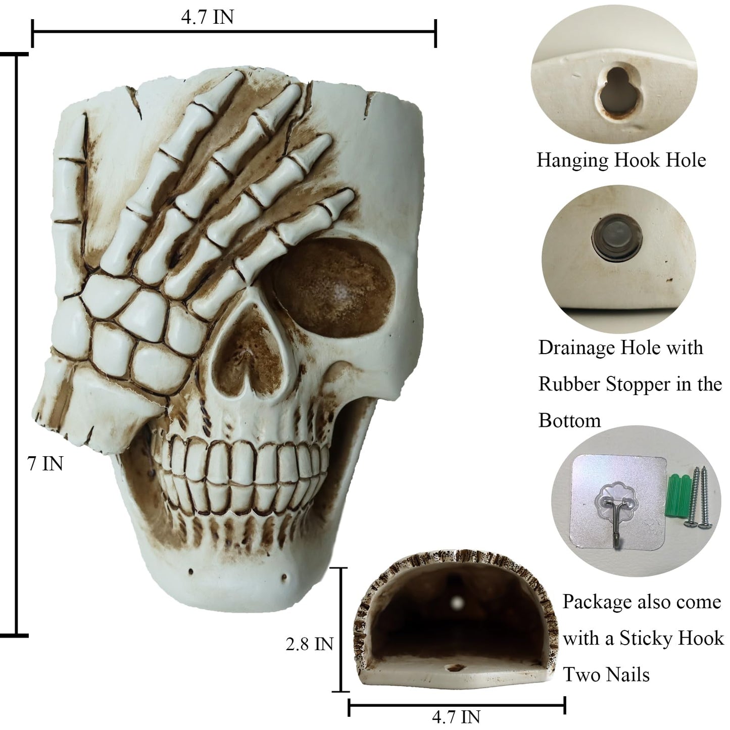 Dolkgy Skull Wall Planter for Home Décor, Resin Skeleton Gothic Planter for Indoor Outdoor Plants Decorations, White Hanging Skull Vase Unique Spooky Face Flower Pot Head Planters