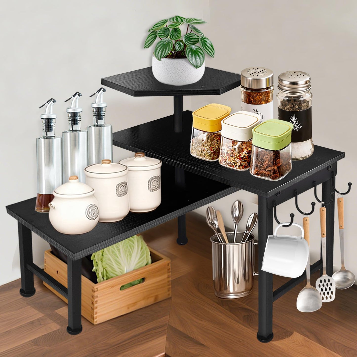 Kitchen Countertop Organizer, 3 Tier Moveable Corner Shelf Kitchen Shelf with Hook, Countertop Organizer for Bathroom, Spice Rack, Bookshelf, Coffee Area, Dresser Table (Brown)
