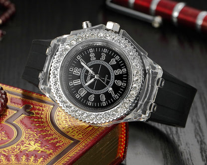 FANMIS Unisex Sports Rhinestone LED Flashing Light up Color Changing Silicone Jelly Watch Black