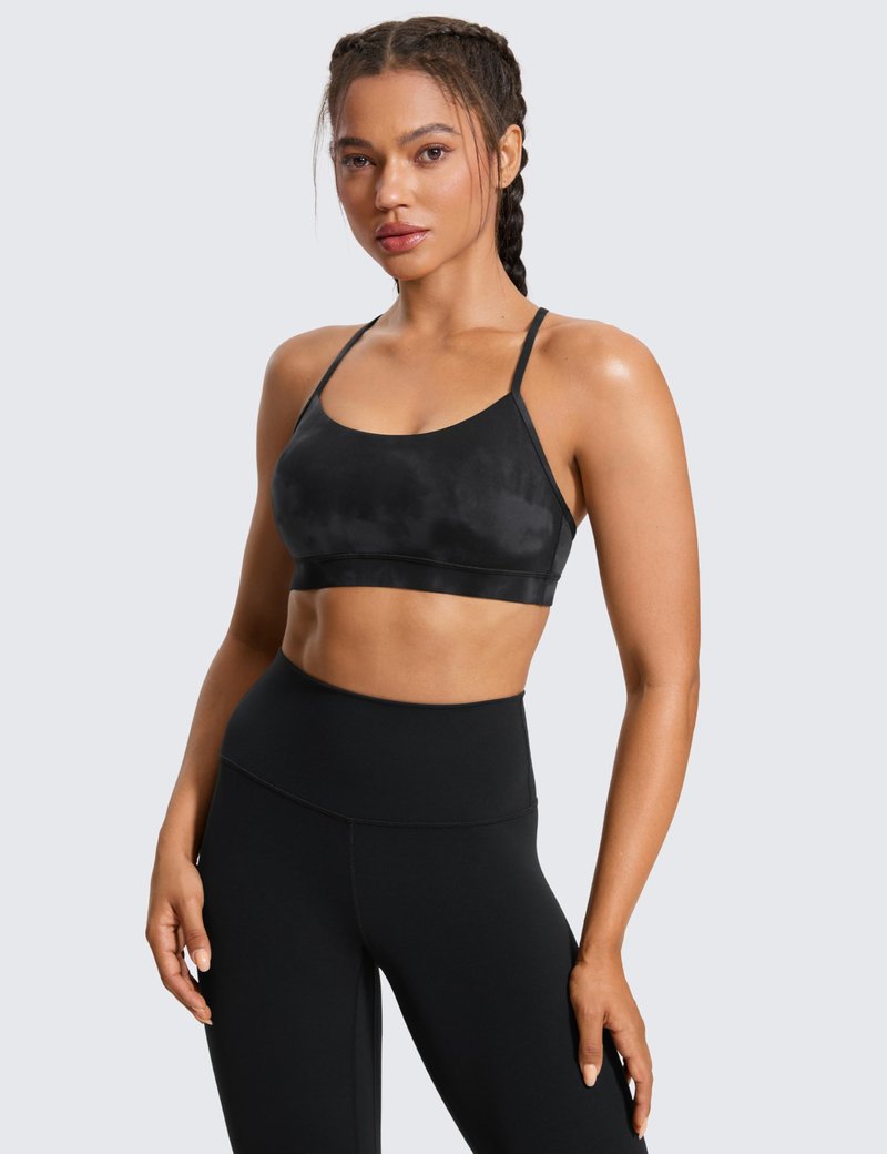 CRZ YOGA Butterluxe Y Back Sports Bras for Women - Padded Racerback Low Impact Spaghetti Thin Strap Workout Yoga Top Black Tie Dye Flowers X-Large